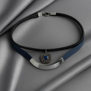 Silver & Blue Pendant Choker Necklace – Adjustable Blue & Black Leather Cord